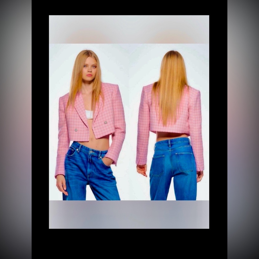 Zara Pink Tweed Houndstooth Crop Double Breasted Blazer Rhinestone Button Size S